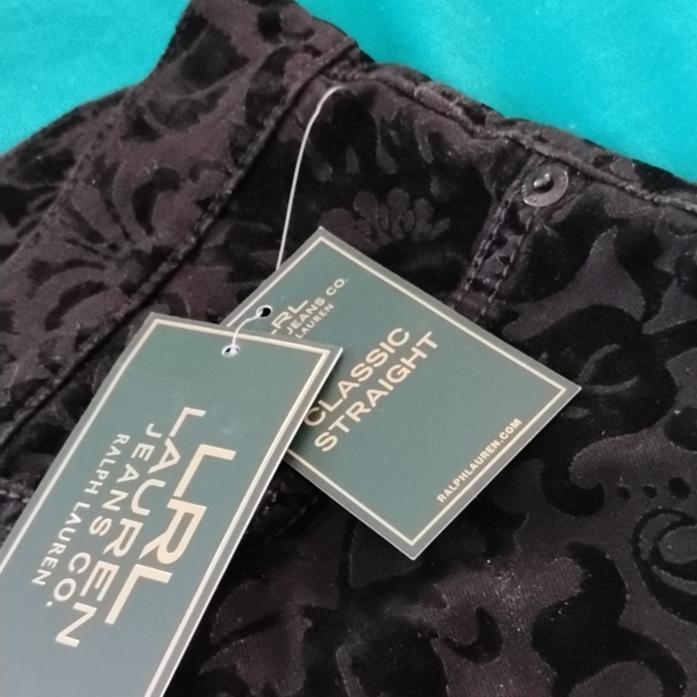 Lauren By Ralph Lauren Black Burnout Velvet Straight Leg Jeans Size 16 NWT - Picture 5 of 9